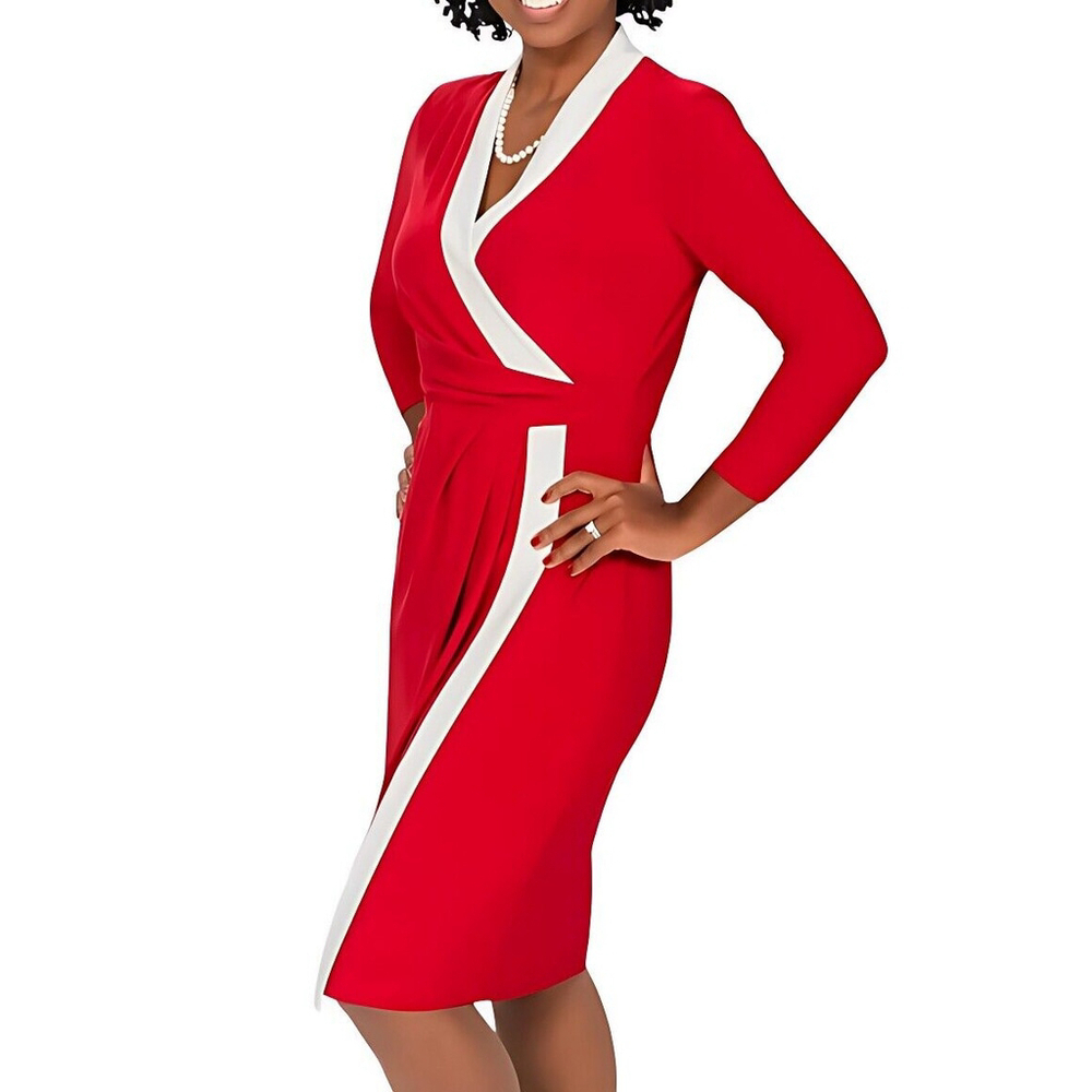 Kasper Sheath Dress Long Sleeve Color Block Faux Wrap Mid-Length Red & White NWT